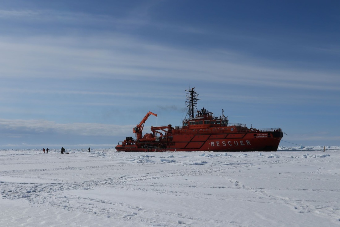 Многофункциональное ледокольное судно «Спасатель Заборщиков» стоит на ледовых якорях около льдины, на которой в течение нескольких часов будут проводится исследования